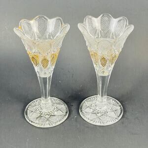 Trumpet Vases (2) Clear Glass Gold Diamonds Trim, Flared Fluted Stem On Pedestal